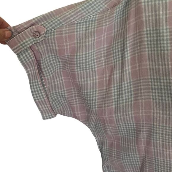 Large Pink & Gray Checkerboard Button Down V Neck Cuff Sleeve Top Gloria Van - Picture 3 of 5